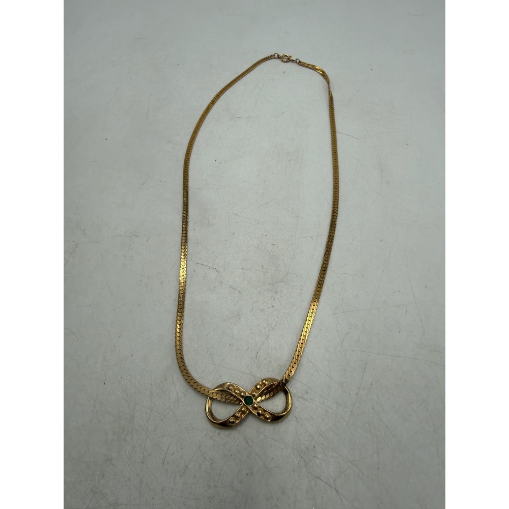 Vintage HC Gold Tone Herringbone Chain Infinity Bow Green Rhinestone Necklace